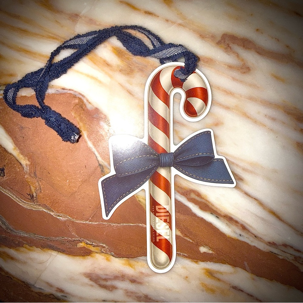 Diesel Red and White Candy Cane Ornament with Blue Bow